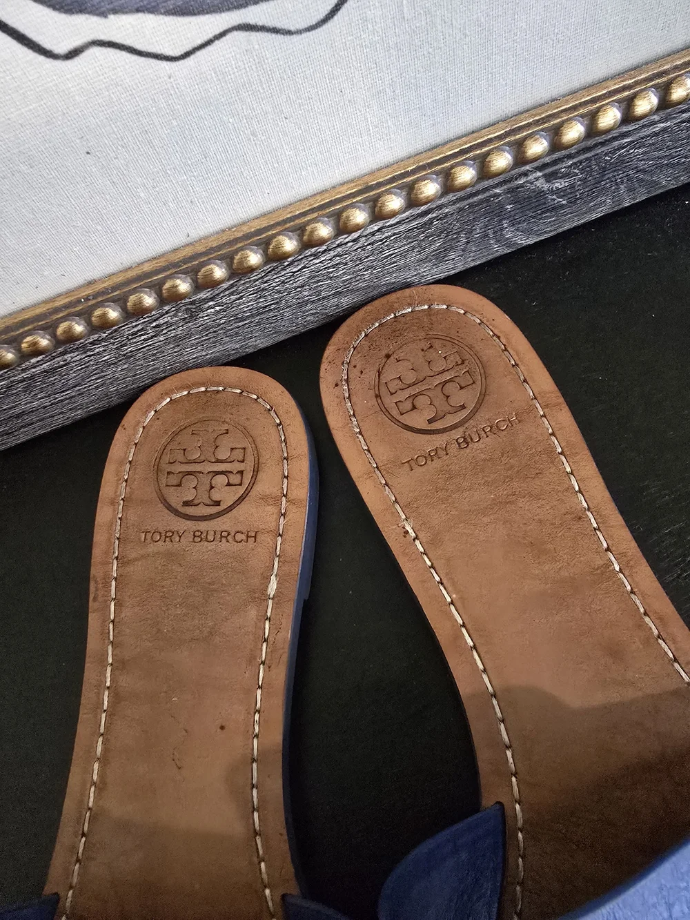 Tory Burch Women’s Melinda Slide Sandals Blue Leather Logo 10